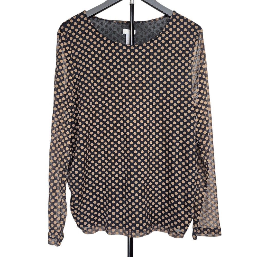 Chicos Polka Dot Mesh Long Sleeve Blouse Black Tan Lined Scoop Neck Size 3 XL